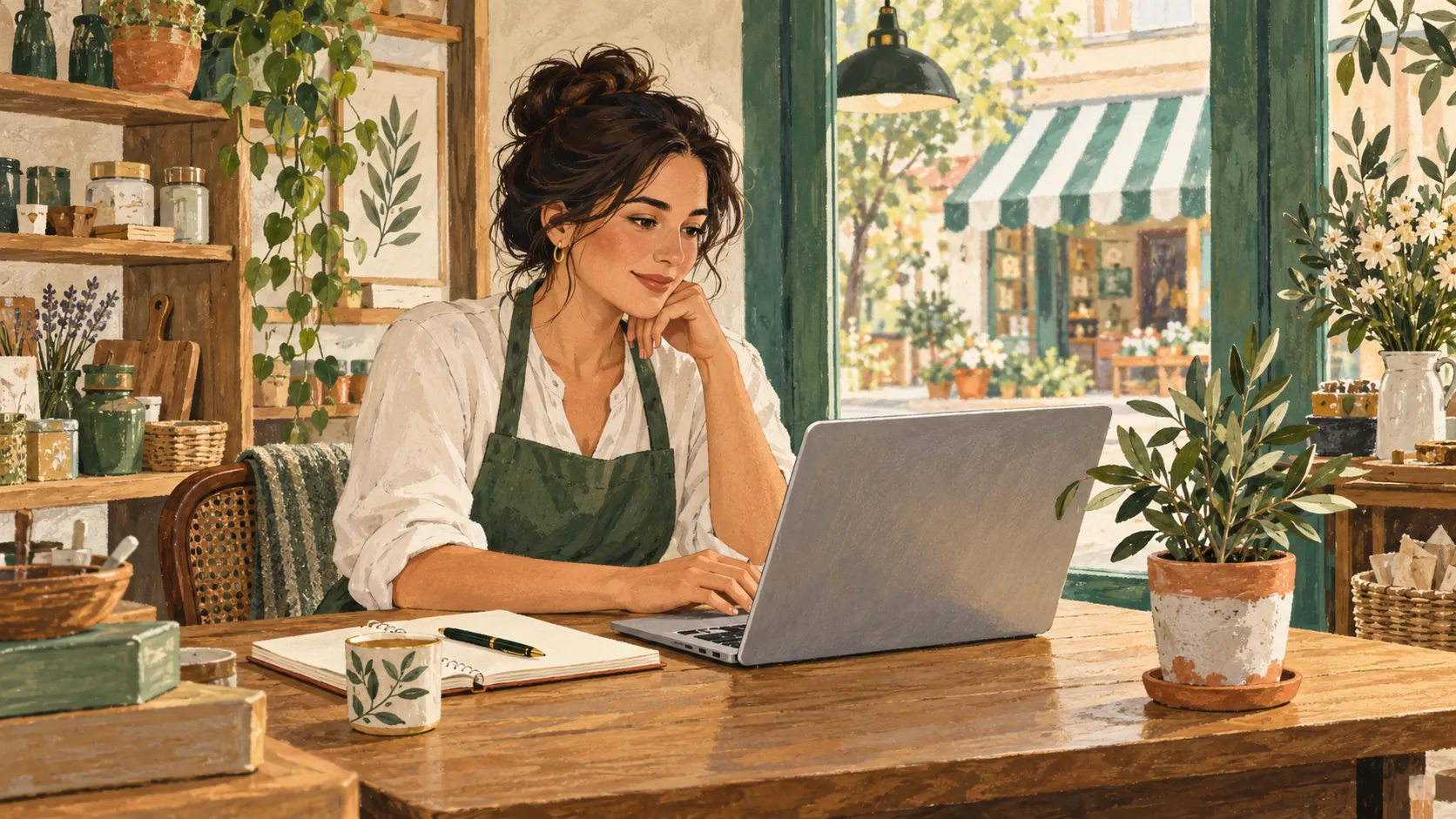 Editorial illustration of a shop owner preparing business information at a desk.
