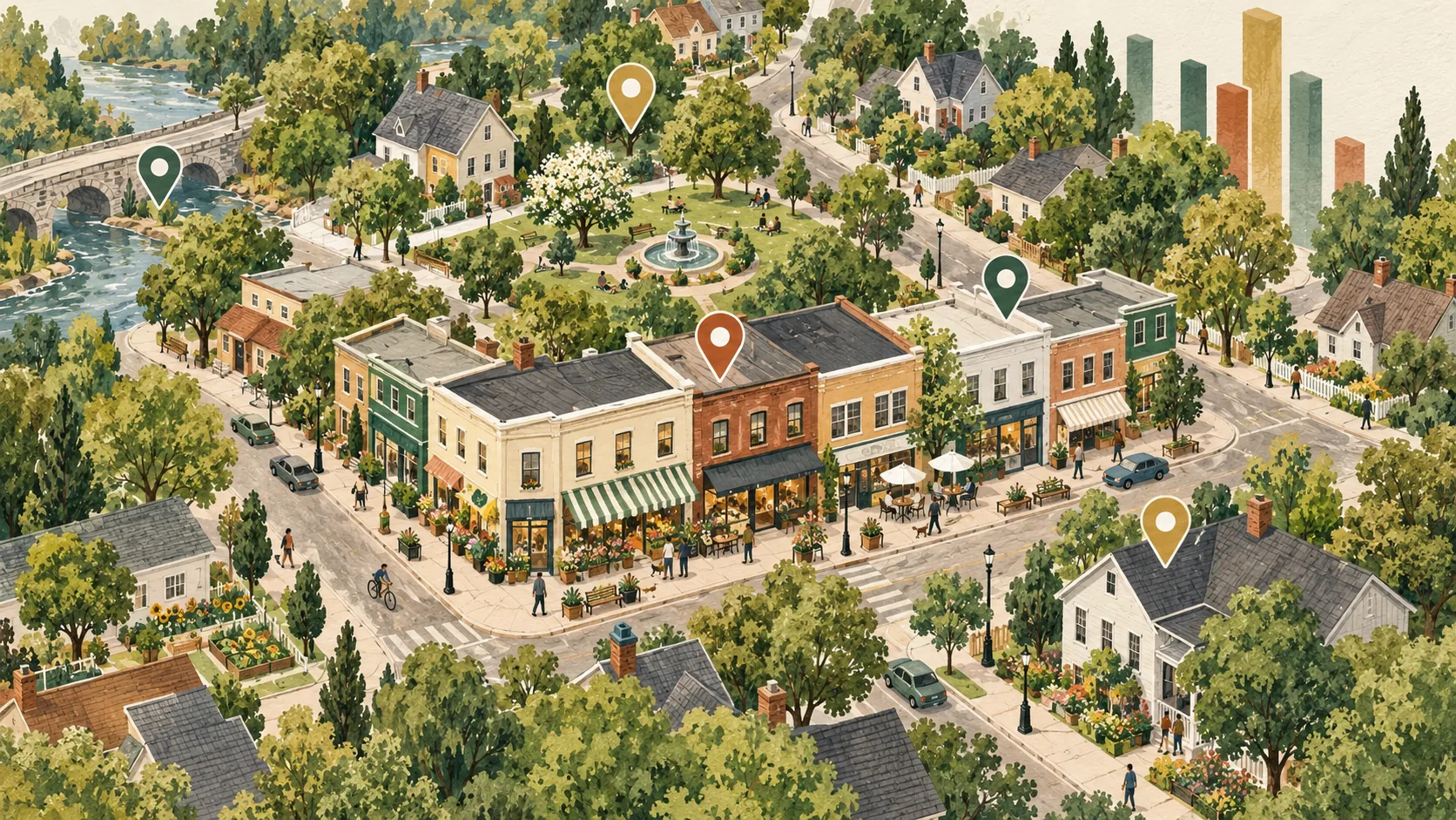Conceptual illustration of neighborhood buildings and abstract directory data.