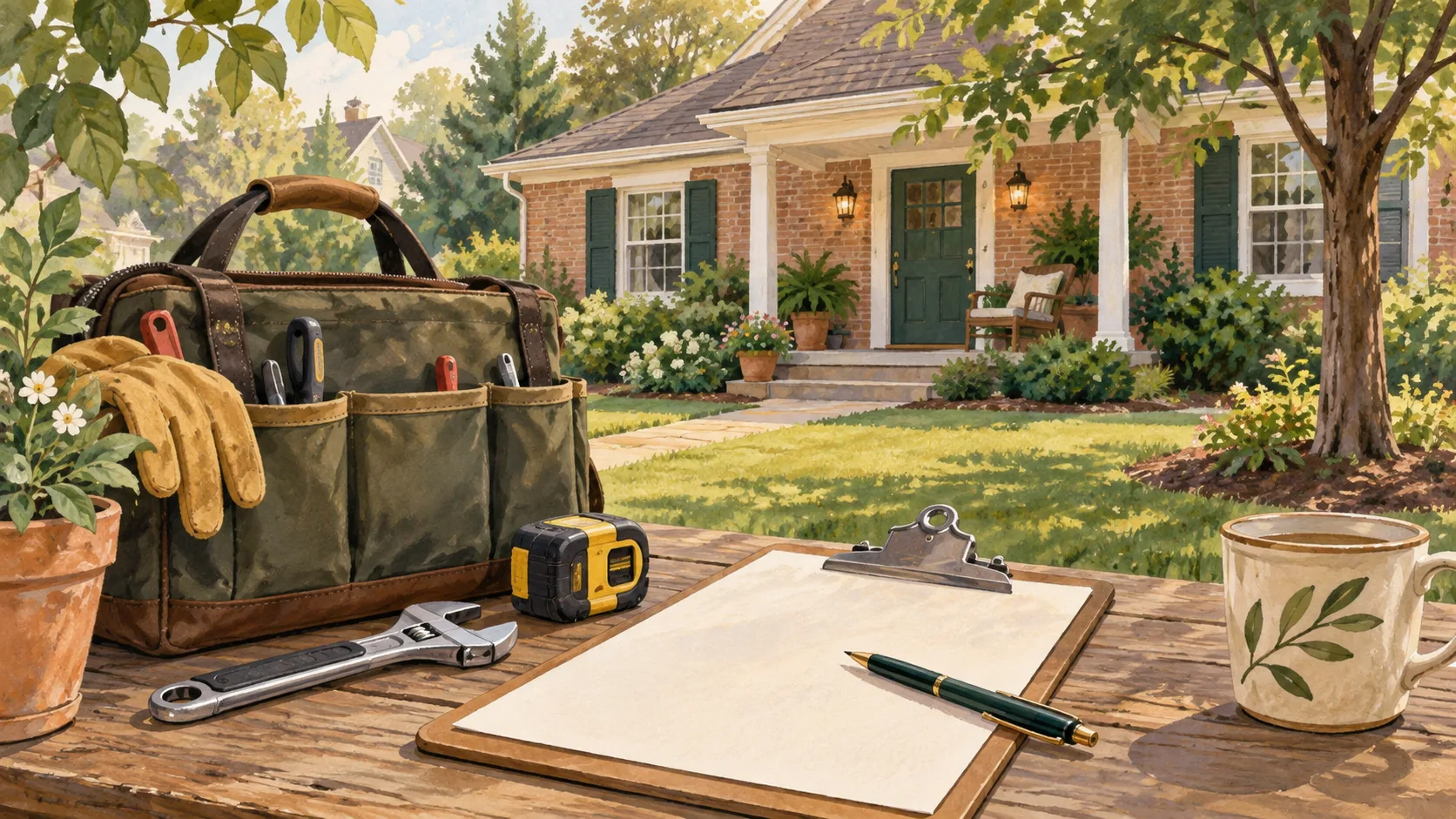 Editorial illustration of a house with tools and a blank project clipboard.