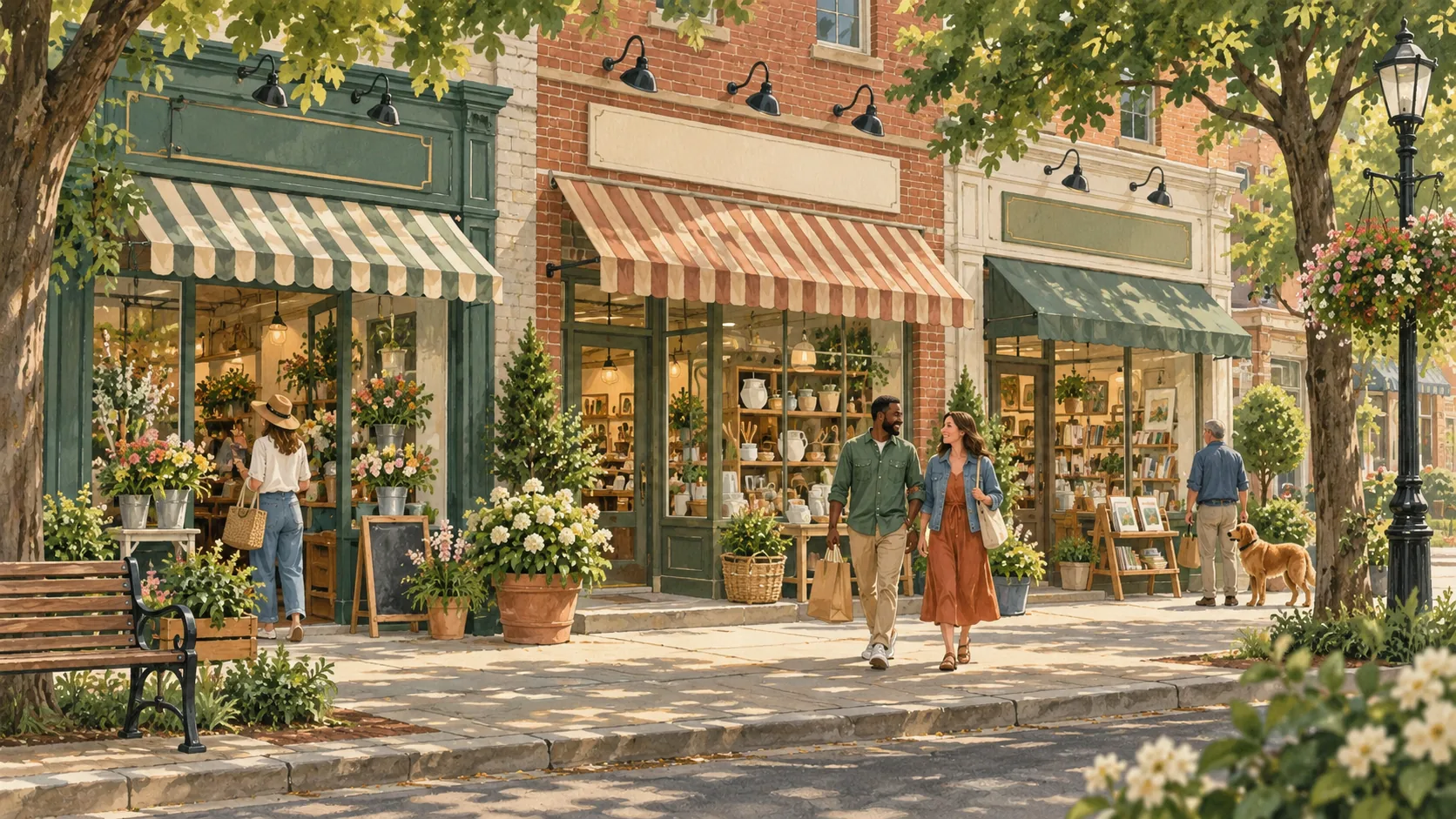Editorial illustration of neighborhood storefronts along a tree-lined street.