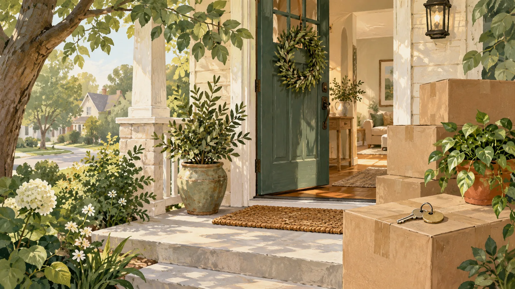 Editorial illustration of moving boxes and keys beside a welcoming front porch.