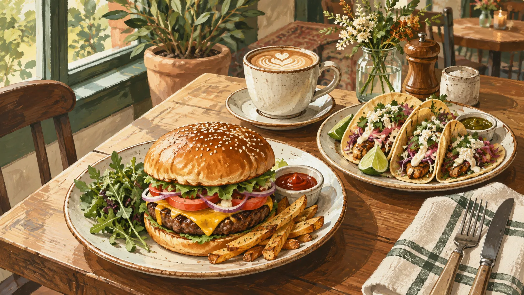 Editorial illustration of a restaurant table with a burger, tacos and coffee.